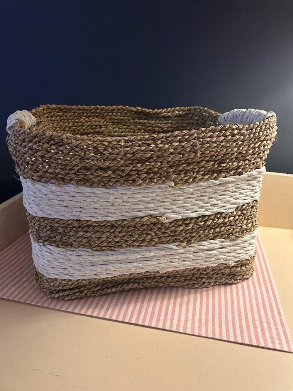 Rattan White and Tan Striped Basket With Handles